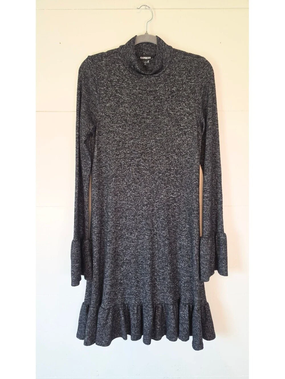 EUC Express Gray Knit Sweater Dress Mock Neck Bell Sleeve Ruffle Hem Sz S, #102